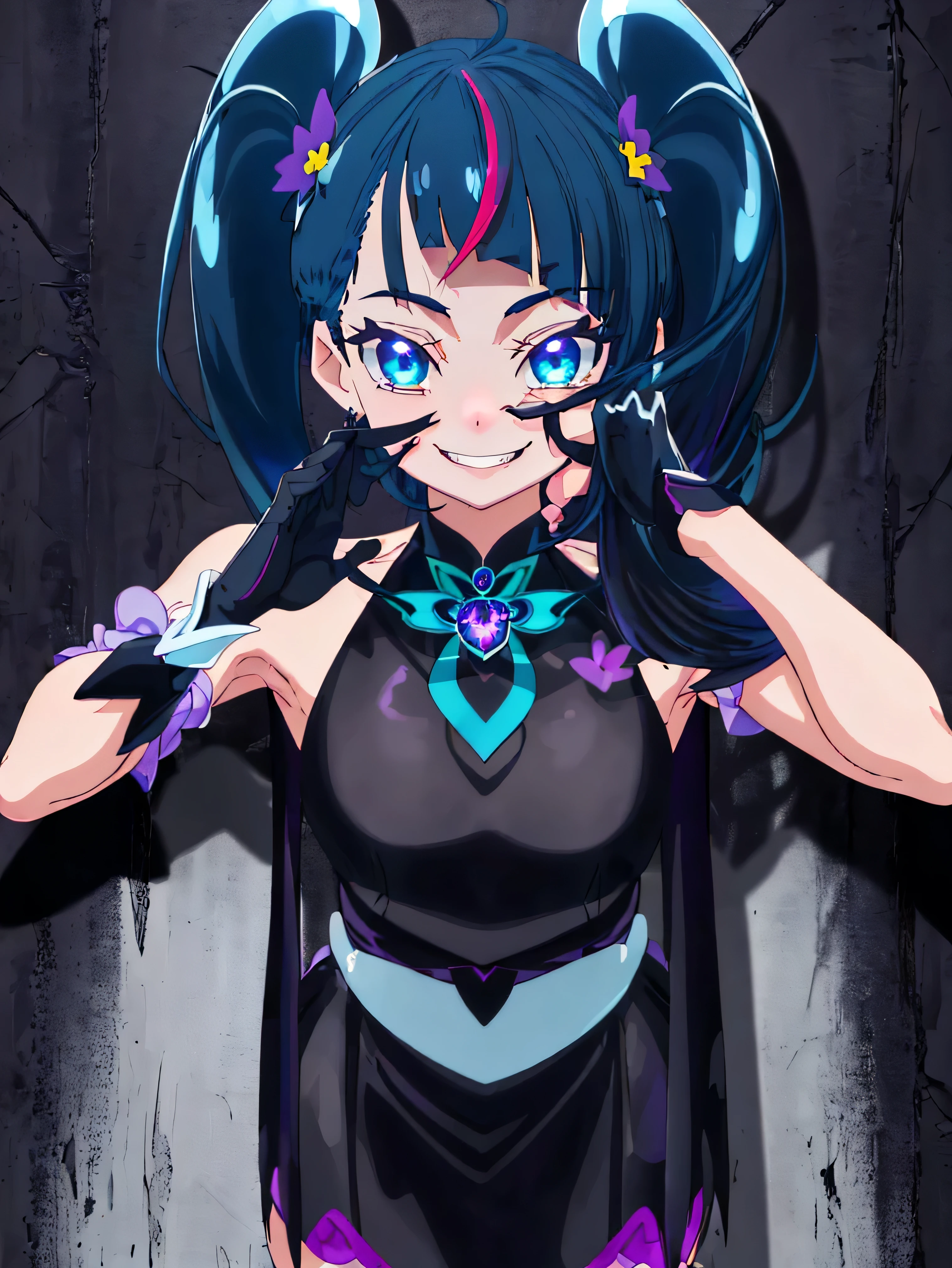 Highest quality, Very detailed,One Girl, alone, {cure_null_hirogarunullprecure:1.15}, Dark blue hair, blue eyes, Blue flames in the eyes, Long Hair, Twin tails, Magical girl, bangs, Open your mouth, Redhead, multicoloRedhead, One Girl, blunt bangs, Darken your clothes, hair ornaments, Wicked Smile, devilish aura (Shiny fabric:1.5), Full Body Shot, Purple Gemstone, attractive, blush, (Beautiful attention to detail:1.6), Very detailed顔, Perfect lighting, Extremely detailed CG, (Perfect hands, Perfect Anatomy), devil, black color scheme, Shiny material, Grin, Black ribbon, black satin gloves, Evil clover leaf ornament, Black frills, jewelry, corruption, Latex Gloss, Black Gothic Cape, Wicked Smile,(Spooky world)))), (((Horror World))) ,((masterpiece)), ((Highest quality)), ((Very detailed)), (figure), ((Very delicate and beautiful)), , cloudy null, CG Style, One-sided black wing,Dark Shadow Face,Sadistic smile,Malice,Contempt,smile,black,Perfect hands,Perfect body,shiny latex Elbow full gloves,Perfect face,A somewhat crazy smile and a powerful black aura,（Dark and scary atmosphere,Gothic Fashion,Dark colors）,(Shrouded in darkness, Wall Background, black background, Shadow, Extreme darkness:2.0)