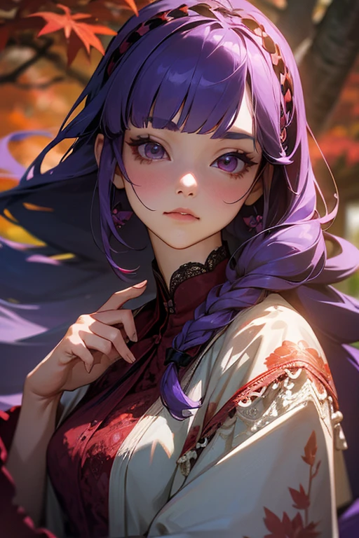 1 girl, Blunt bangs, Braiding, Wide sleeves, hair ornaments,Obi says, (Purple Hair:1.2), Very long hair, Straight hair, Looking at the audience, Highly detailed background, (Realistic:1.2), Beautiful Eyes, Red eyeshadow, thigh, (Urzan-6500:0.7), Upper Body, (alone:1.2), (Cyberpunk City:1.1), Cleavage,,Glowing Skin、(Navel exposed).((Face close-up))、((smile))、(Lace clothes).((Smiling with teeth showing)).