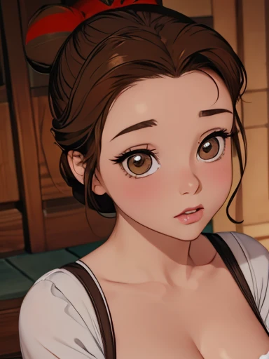 Belle Nsfw Cute girl brown hair with bun and big eyes big tits, cute and detailed face perfect high quality nsfw 