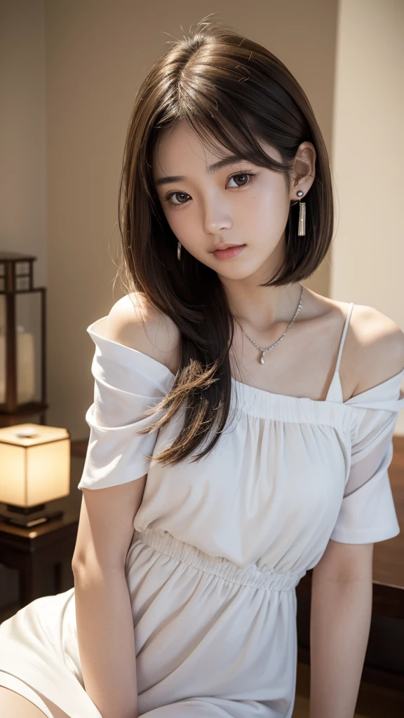 (((masterpiece))), ((photo realistic:1.2)), Japanese young girl, fifteen years old, well-proportioned, shiny eyes, ((broad jawline)),realistic skin, puffy face, no make up, short low ponytail, ((brown hair)), bob cut, ((messy hair)), しかめっ面, tearful face, (laugh out loud), (tiered dress), earrings, silver necklace, theme park