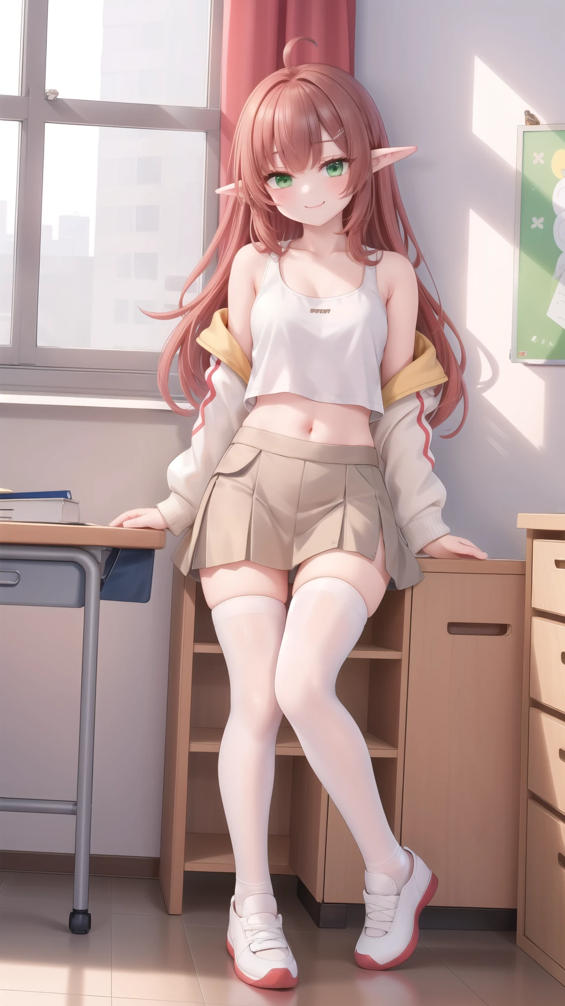 ((masterpiece)),(best quality),official art,extremely detailed CG,unity 8k wallpaper,ultra detailed,1girl,Alone,upper body,(portrait:1.2),long_hair,pointy_ears,ahoge,green_eyes,white_footwear,navel,skirt,shoes,smile,red_hair,midriff,white_jacket,off_shoulder,looking_at_viewer,long_sleeves,tank_top,grey_socks,brown_hair,sleeves_past_wrists,open_clothes,bangs,shirt,classroom，White sweatshirt，White pantyhose