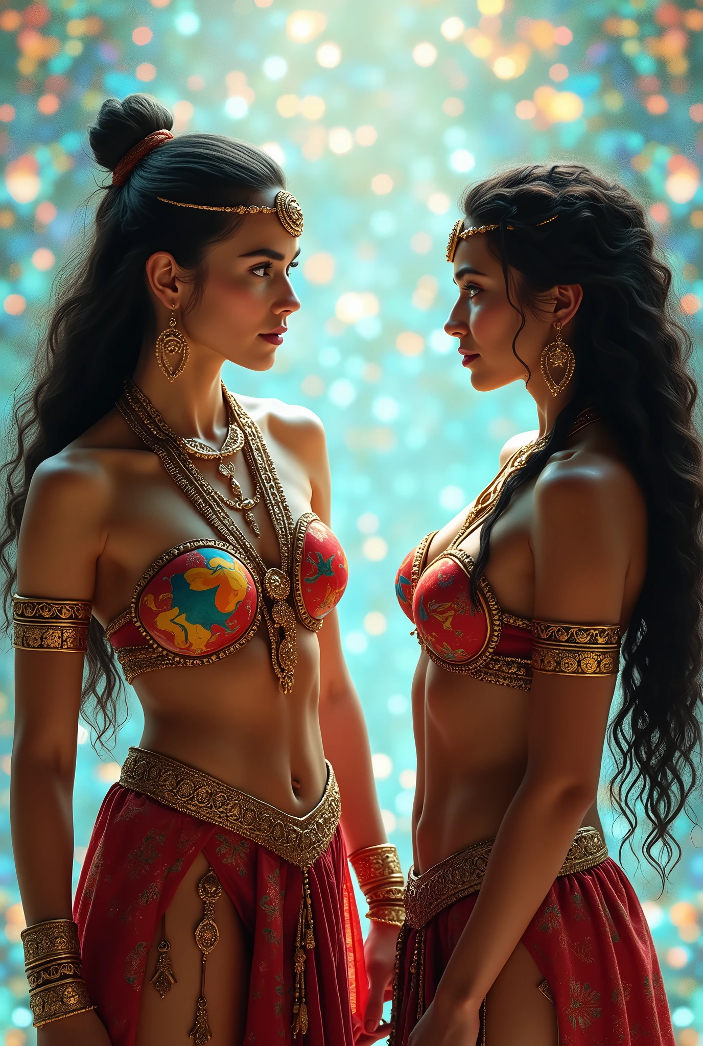 ((realistic:1.5)),((best quality)), ((masterpiece)),((detailed)), (1girl), {a beautiful female wearing, (upper body:1.3),super-wide-angle lens,back focus, back view, mature,sexy,toned muscles,long legs,curvy, barefoot, medium breasts, open cleavage, drooping breasts, thick thighs,wide hips, thin legs, green eyes,long black hair,floting hair,long eyelashes, (detailed face,beautiful eye, detailed pupilss,detailed clothes features, clear background:1.3), (Bindi,Jhumkas:1.3), (Armlet, Haar, Payal,Maang Tikka,Jhumkas,Kamarband,Bangles:1.3), mysterious ancient ruin, lush forests, deep canyons,bridge,river,cliff,cloud, lakes,rock,waterfalls, flowers, grass, fog,vine,tree, smoke, best shadow,bright details,sharp,perfect composistion, Intricate, Sharp focus, dramatic, by Frank Frazetta,by Julie Bell,by Olivia De Berardinis,by Luis Royo,by boris vallejo, (specular lighting:1.3),rim light, princesses, royal skimpy topless, hugging and touching each other, teasing her friend's belly, cupping her friend's buttocks, cupping her friend's ass, blushing friend, biting her friend's ear lobe, hugging from behind, touching her friend's crotch from below, belly dance