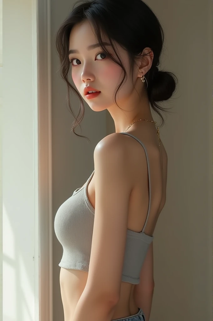 The most beautiful woman、Detailed body with large breasts、Sexy look、(Breastplate Apron)、(Without panties:1.1), (Without bra:1.1)、(back view)、(looking from side)、DETAILED LIPS、Fine skin、(PHOTOREALISTIC:1.4), (highest quality:1.0), (Super high resolution:1.0), 8K, RAW Photography, (master masterpiece:0.2),