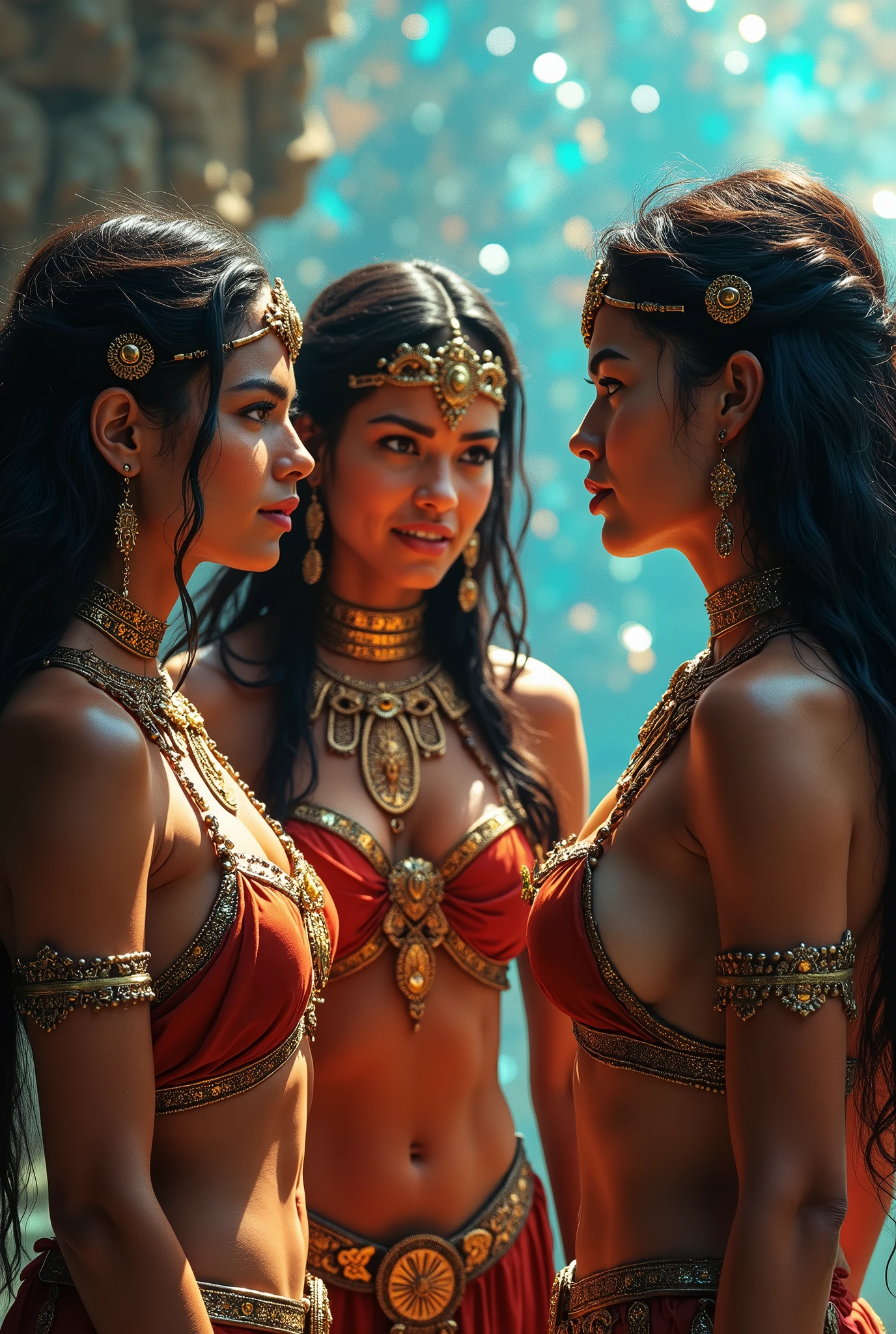 Describe the appearance and physical attributes of the female deities as depicted in the Vedic texts. Focus on specific details such as their attire, ornaments, and symbolic elements associated with their divine form.big breasts and sexy body ,ultra realistic image, focous on the face.
