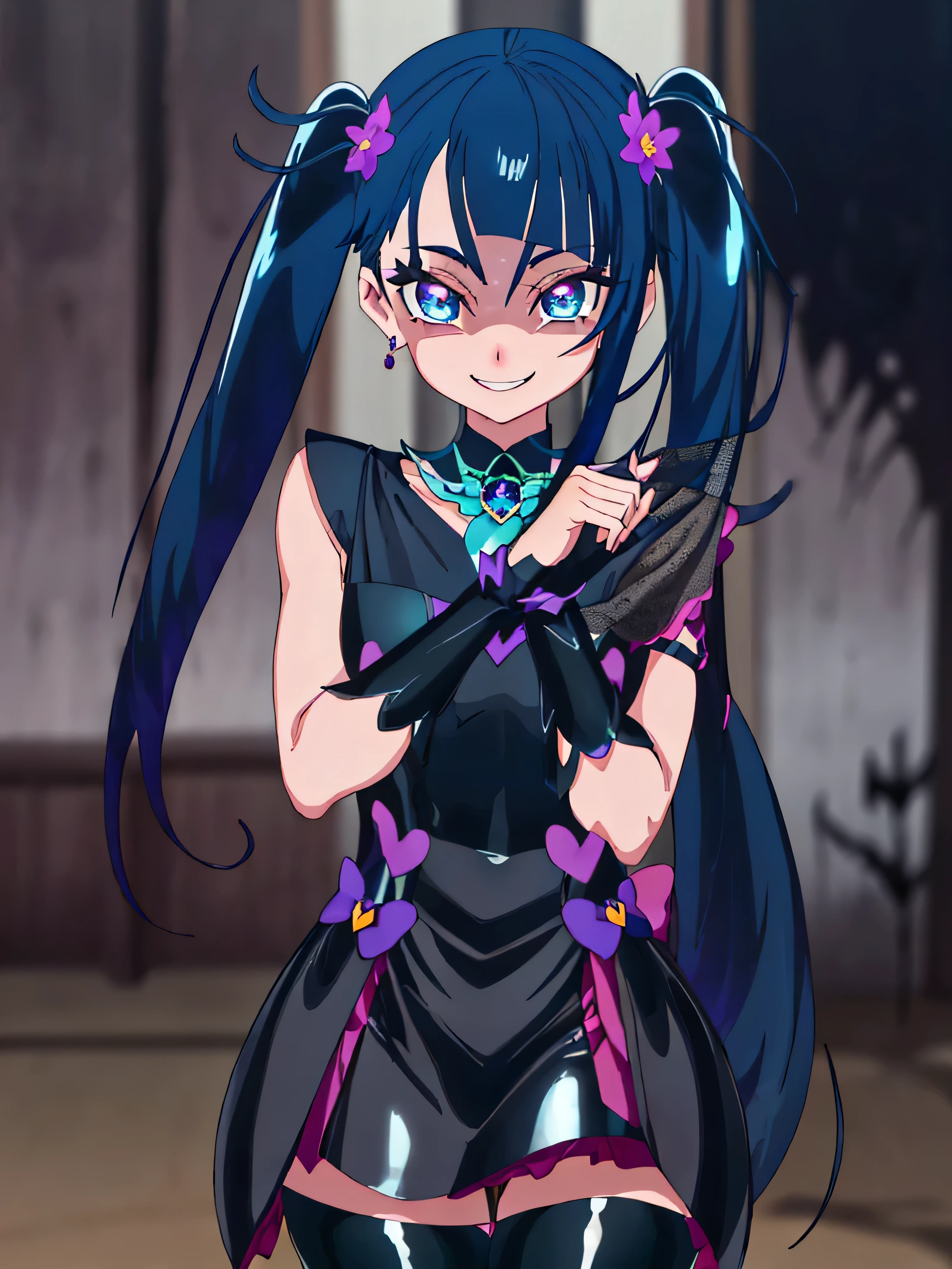 Highest quality, Very detailed,One Girl, alone, {cure_null_hirogarunullprecure:1.15}, Dark blue hair, blue eyes, Blue flames in the eyes, Long Hair, Twin tails, Magical girl, bangs, Open your mouth, Redhead, multicoloRedhead, One Girl, blunt bangs, Darken your clothes, hair ornaments, Wicked Smile, devilish aura (Shiny fabric:1.5), Full Body Shot, Purple Gemstone, attractive, blush, (Beautiful attention to detail:1.6), Very detailed顔, Perfect lighting, Extremely detailed CG, (Perfect hands, Perfect Anatomy), devil, black color scheme, Shiny material, Grin, Black ribbon, black satin gloves, Evil clover leaf ornament, Black frills, jewelry, corruption, Latex Gloss, Black Gothic Cape, Wicked Smile,(Spooky world)))), (((Horror World))) ,((masterpiece)), ((Highest quality)), ((Very detailed)), (figure), ((Very delicate and beautiful)), , cloudy null, CG Style, One-sided black wing,Dark Shadow Face,Sadistic smile,Malice,Contempt,smile,black,Perfect hands,Perfect body,shiny latex Elbow full gloves,Perfect face,A somewhat crazy smile and a powerful black aura,（Dark and scary atmosphere,Gothic Fashion,Dark colors）,(Shrouded in darkness, BLACK background, Shadow, Extreme darkness:2.0),Dark Energy