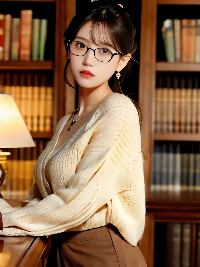 (8k, RAW photo, best quality, masterpiece), (photo realistic), outstanding details, ultra-high resolution, anatomically correct, textured skin, ((Extremely precise and accurate anatomy)),
1 girl, cowboy Shot, (looking at viewer:1.4) ,
beautiful Japanese woman, librarian arranging books in the library,
(light smile:0.95),
(low chignon:1.4), (Rimless glasses),
(light makeup) ,
dark brown hair, Forehead, BREAK,
white simple summer sweater, BREAK,
simple cotton Light brown flared skirt,
Earrings, Necklace,
golden,
(background Spacious library interior, bookshelves),
(backlighting),
reflection light from below,
atmospheric perspective, depth of field,
(dramatic lighting), cinematic lighting,