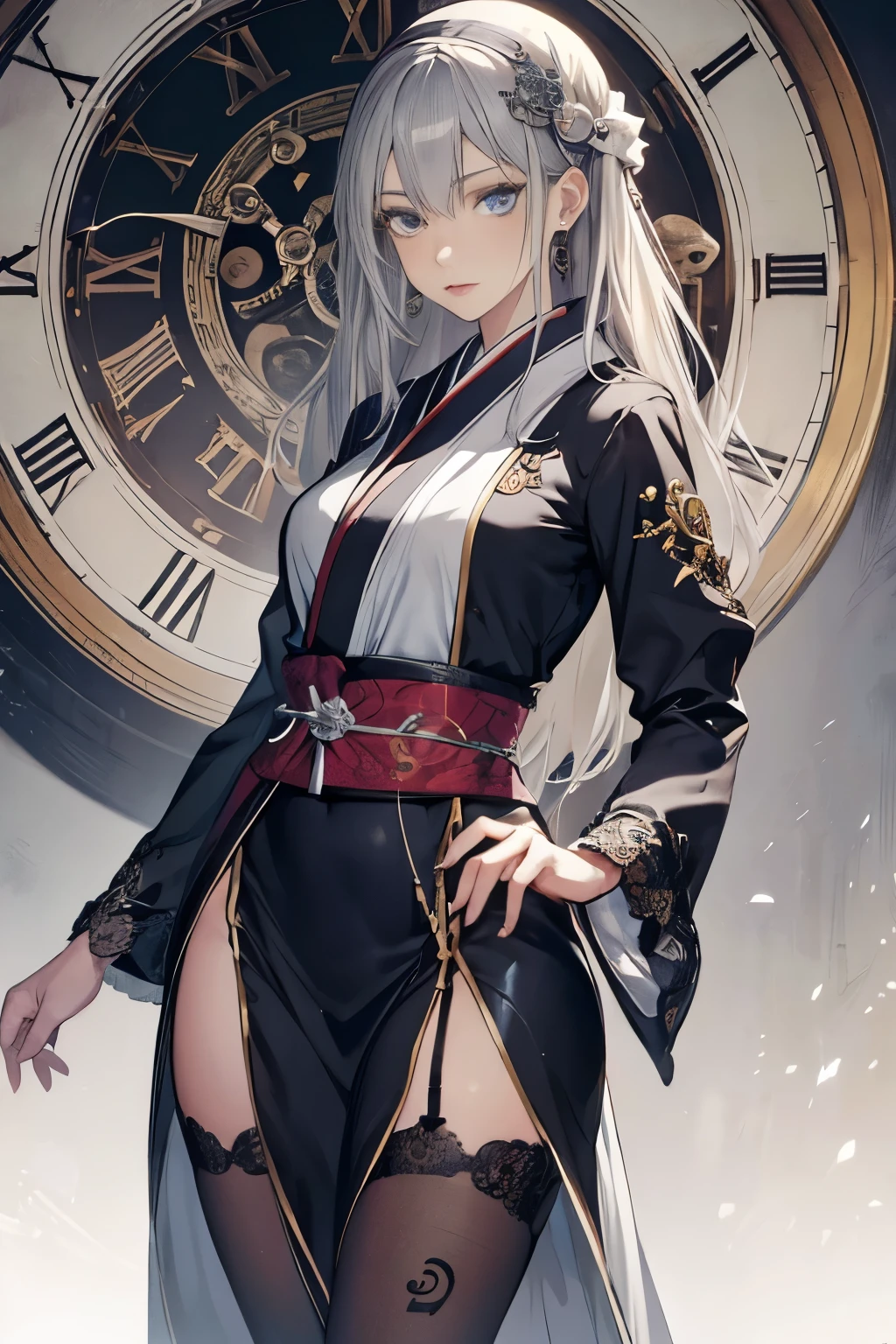 Realistic, High resolution, 1. Female, Alone, Hip Up,(Costume), Beautiful Eyes, Gray Hair, The eyes are round, (Oyuki,clock,),Anatomically correct,