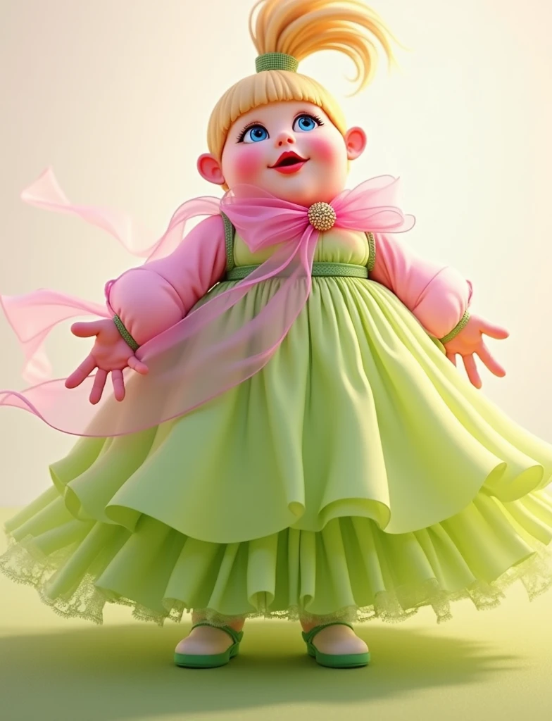 Plump, body not cut, full-length, rosy-cheeked, red plump lips, realistic, looks like a living, funny LOL doll girl with blue eyes, blonde with hair tied in a ponytail, in a lush transparent dress, big transparent bow, smiles and makes a face, shoes, stands like a ballerina, hair fluttering in the wind, only five fingers on her hands, 8k, 12k, beautiful, stylish, exciting, extravagant,