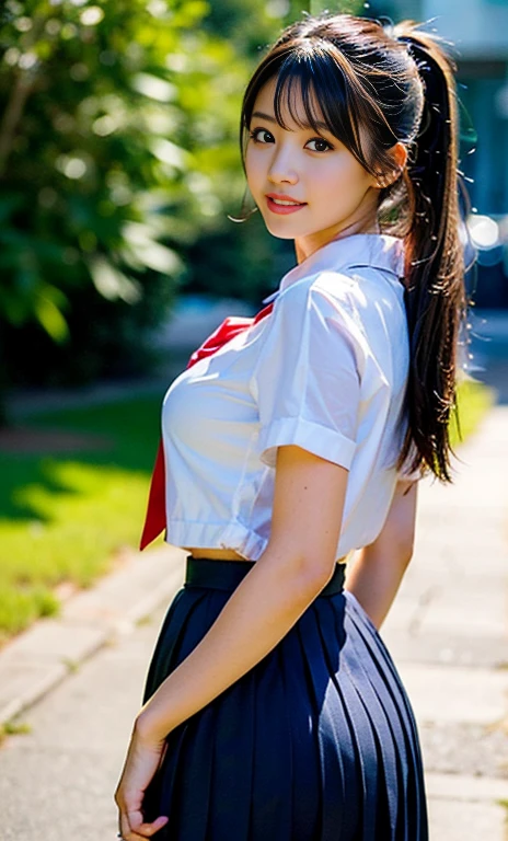 Garota de 18 anos afro-americana determinada menina em(a sexy Japanese school uniform:1.2), sozinho, seios grandes, Sagging Tits, ((blusa rasgada uniforme escolar:1.2)), mini saia xadrez, standing on a windswept rooftop during sunset, com vista para uma paisagem urbana, capturando um momento de empoderamento e desafio,  with a dynamic pose and intricate details, Arremesso longo