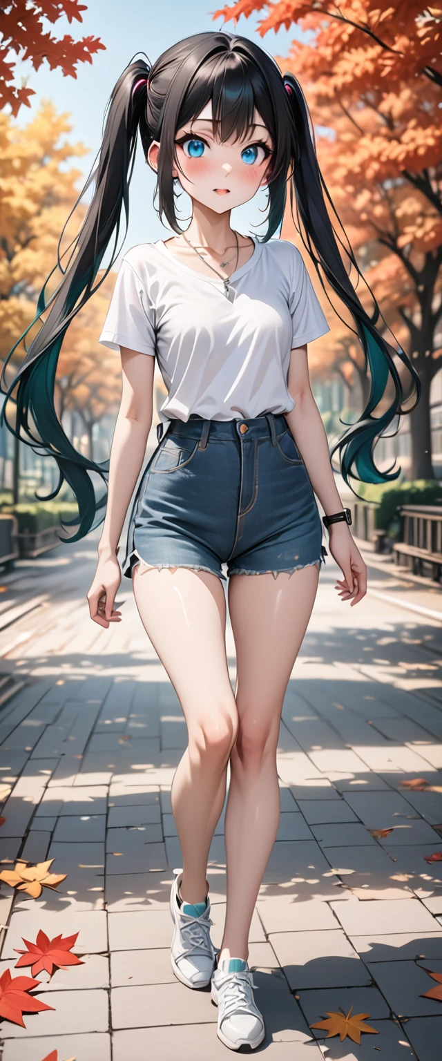 (Hatsune Miku)、Light blue twintails、(masterpiece,Best Quality,Ultra-high resolution),(((A very beautiful 3 woman))),(Fit、Long woolＴshirt、black)、(US military pants、Slightly large size)、(blackのミリタリーシューズ、Shoelaces are pink)、(Silver Necklace)、(Light-tinted sunglasses)、Anime face、masterpiece, Best Quality, Best Quality, 16k, Very detailed, AI-generated, Delicate and dynamic, Very delicate facial expression, Delicate eye depiction,Big eyes、Slanted Eyes:1.8、 Healthy Body, Height: 160cm, Cute small breasts:0.5、blush, There are lots of autumn leaves in the park in autumn、Sunny day、Walking in the park、（（Anatomically correct body））、（Watch the viewers closely）、（Focus on the face）、Full body view、Blue Eyes、One woman、Shoulder Holster