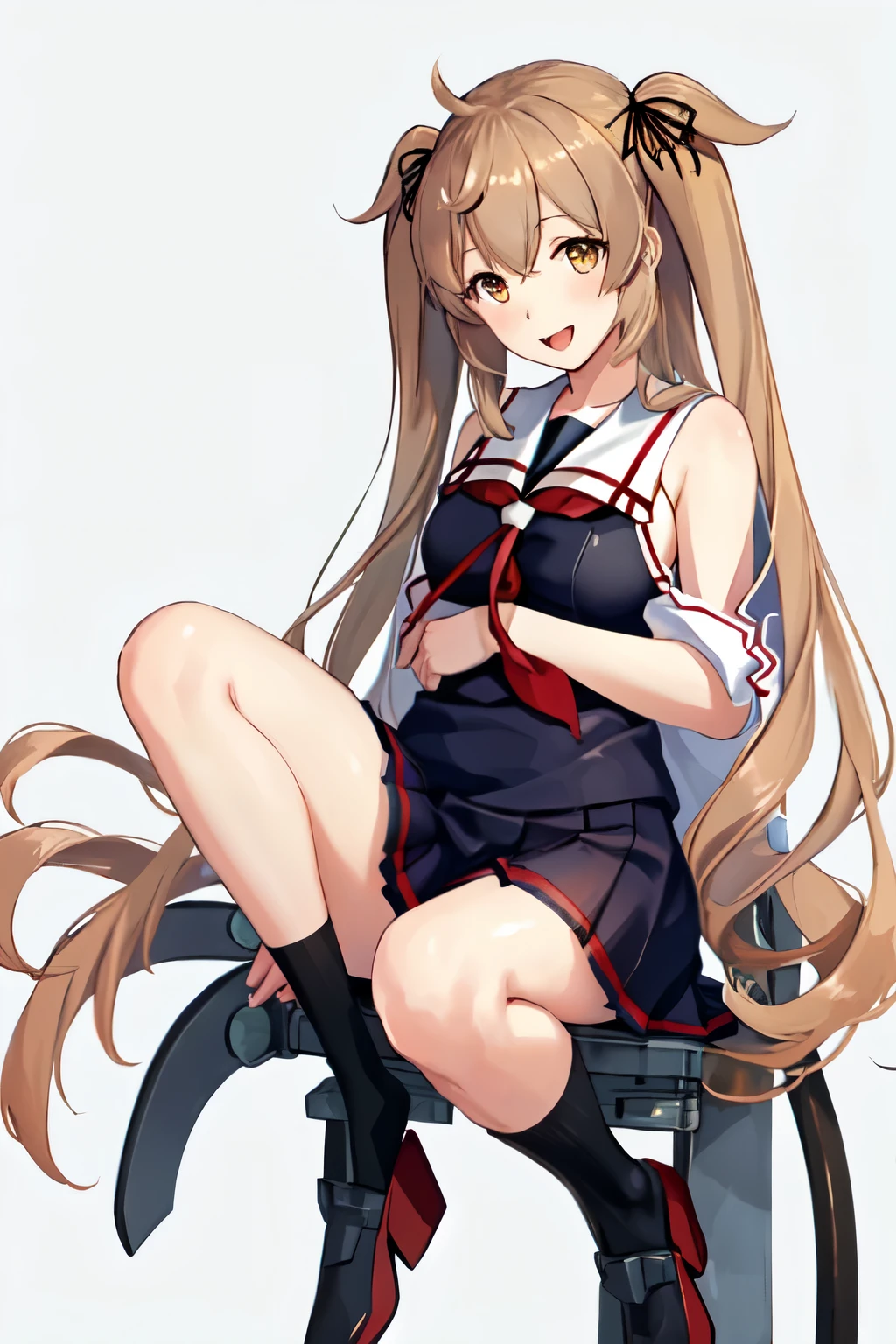 Best Quality, masterpiece, High resolution, Alone, (Murasame Kai Ni_Kantai Collection), 長いhair, ライトブラウンhair, Yellow Eyes, Red Eye, ribbon, smile, hair_ribbon, (Black Sailor Suit), (White sailor collar), chest, Twin tails, Two_side_up, hair_flap, hair_ornament, One girl, School uniform, neckerchief, open_mouth, 赤neckerchief, White background, Full body view,