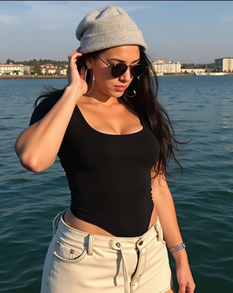 Italian girl 25 years old, bright photo, beautiful, open mouth, very high resolution, 16k, alone, real, sweet, eye-catching, on a luxury boat, sexy black swimsuit, sexy bikini, sexy black bikini, bright colors, luxury, beautiful model, luxury yacht, mega yacht, sea, Capri, sunset, sexy sitting from behind, sitting from behind, sitting on a chair, beautiful butt, amazing thong, wonderful ass, beautiful smile, teeth, laughter, thong, wind in the wind hair