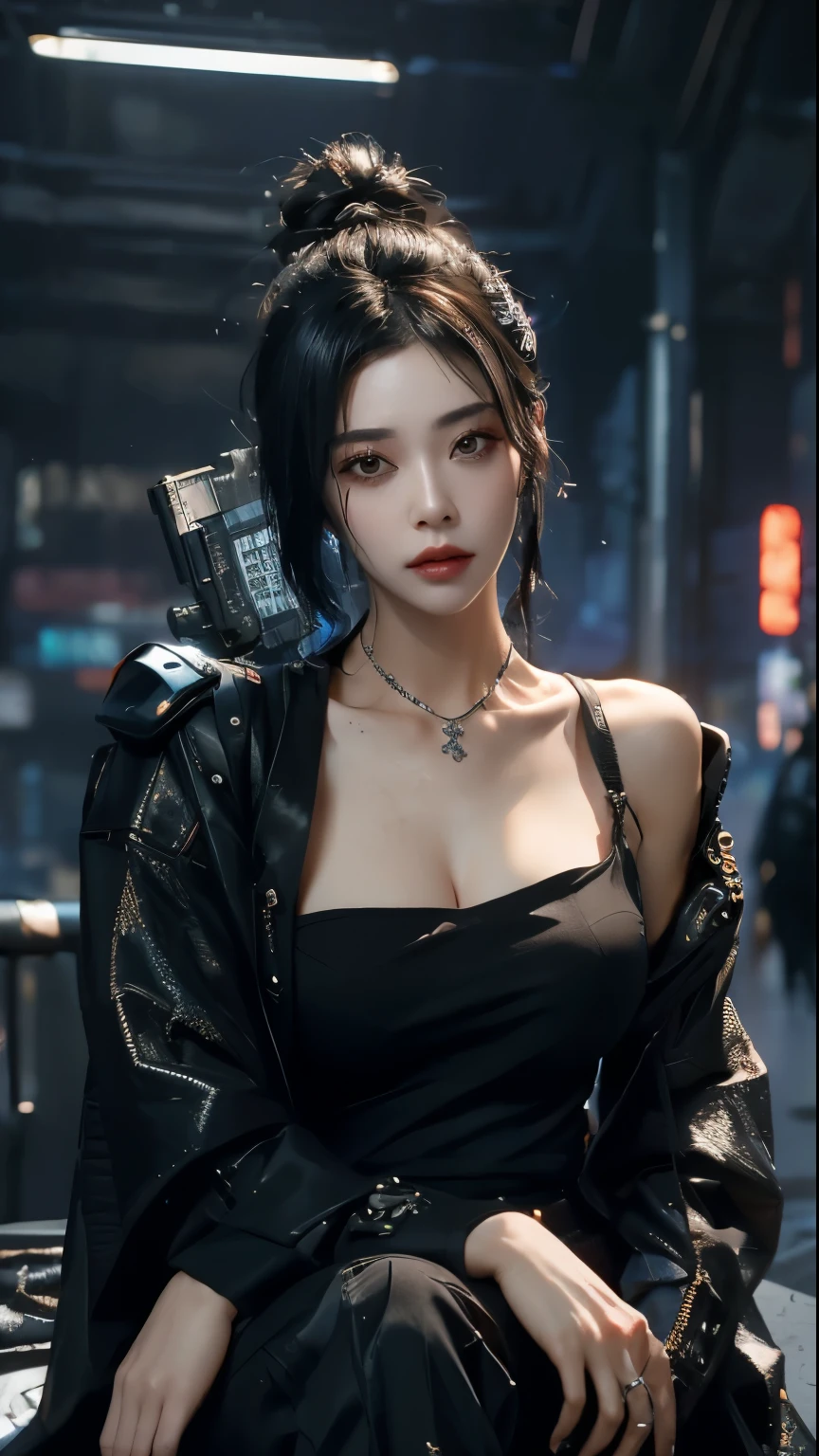 ((Best quality)), ((masterpiece)), (highly detailed:1.3), 3D, beautiful (cyberpunk:1.3) samurai woman with long black hair, black clothes looking at camera