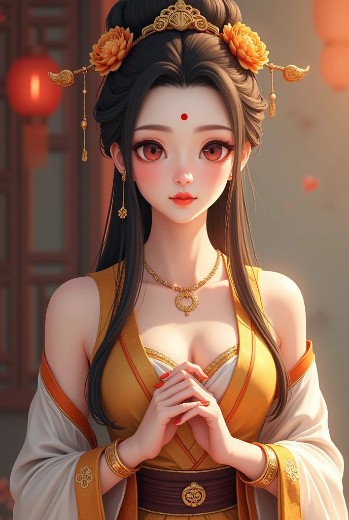 金の龍と女god,Ultra-high resolution, Attention to detail, Highest quality, Realistic, (((日本の女god))), ((Glamour body:1.2, Sensual body:1.2, Large saggy breasts:1.3, Fatty lower abdomen:1.2)), , (See-through Japan kimono), Face of woman in Japan, Baby Face, Big eyes, Full body portrait, Shiny、Sparkling black hair, Mizura, Many rings on the wrists and ankles, jeweled necklace, Beautiful gold hair ornament and floral decoration, god々New Background, Countless lights dancing in the air, A golden dragon flying in the air,Make a heart shape with your thumbs and index fingers, Sitting cross-legged, Sitting on a lotus flower