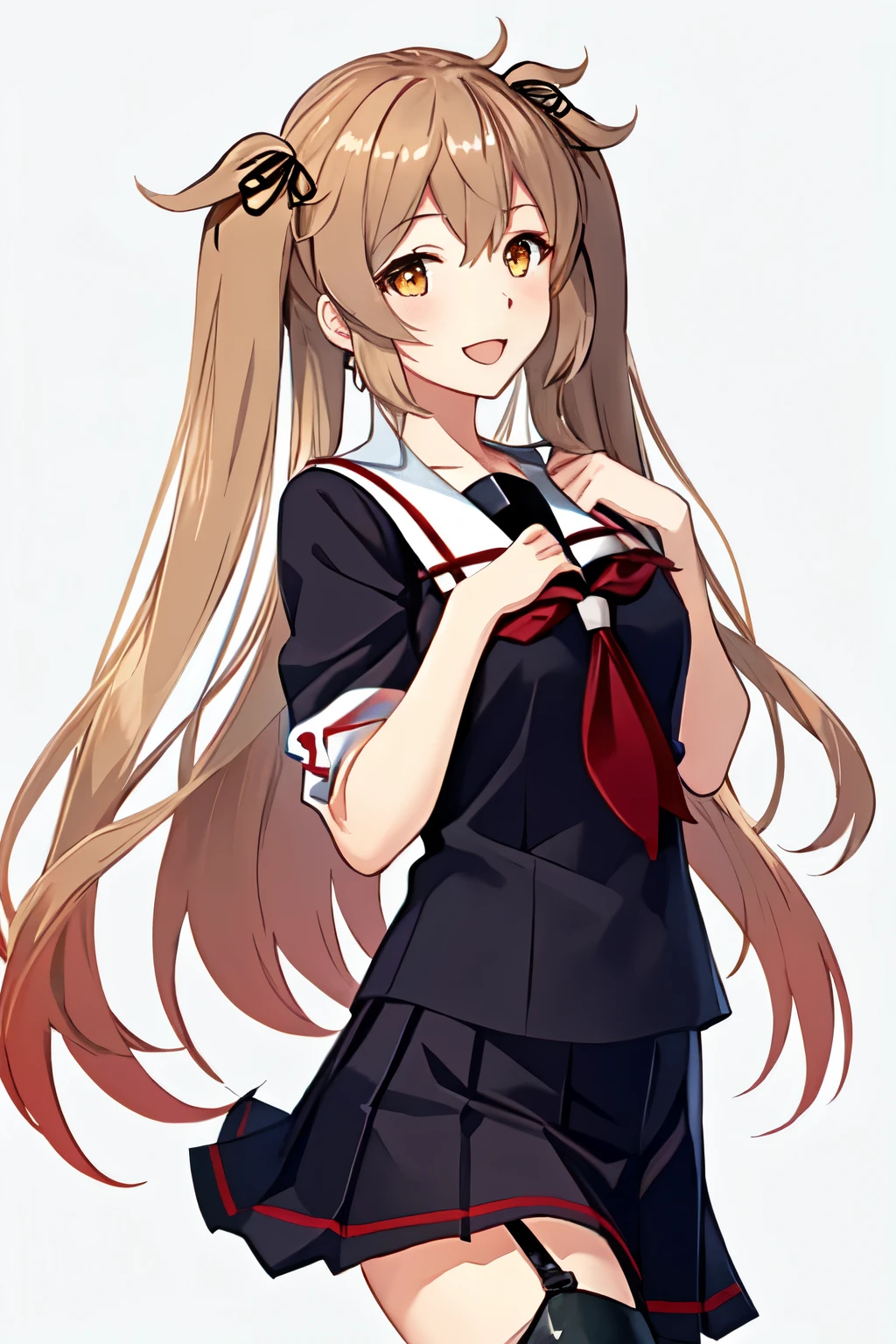 Best Quality, masterpiece, High resolution, Alone, (Murasame Kai Ni_Kantai Collection), 長いhair, ライトブラウンhair, (Yellow Eyes, Red Eye, Odd Eye) ribbon, smile, hair_ribbon, (Black Sailor Suit), (White sailor collar), chest, Twin tails, Two_side_up, hair_flap, hair_ornament, One girl, School uniform, neckerchief, open_mouth, 赤neckerchief, White background, Full body view,