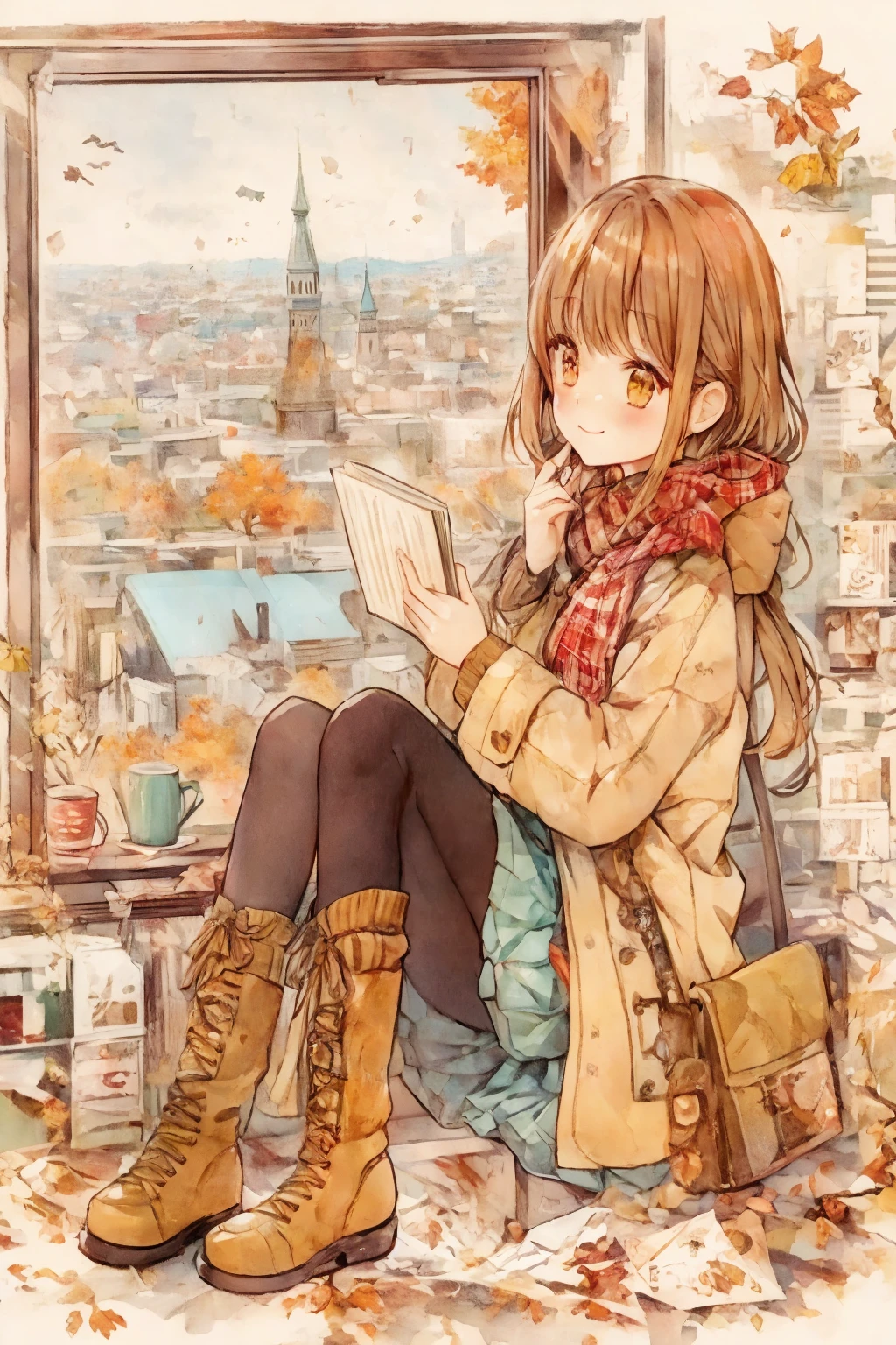 anime smiling girl sitting on a window sill reading a book, cute anime girl, anime visual of a cute girl, (anime girl), during autumn, anime girl desktop background, an anime smiling girl, anime wallaper, 🍁 cute, anime best girl, beautiful anime art style, beautiful anime girl, in the autumn, beautiful anime art, lofi girl, 🍂 cute, anime girl