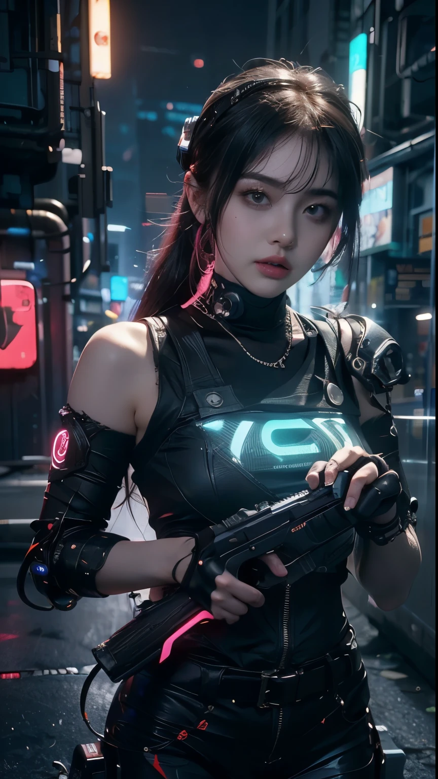 8k,beautiful,cyber punk,Cyberpunk cityscape,Neon night,Charming girl atld,,Long Shot,whole body,Composition from afar,(Held up a gun)