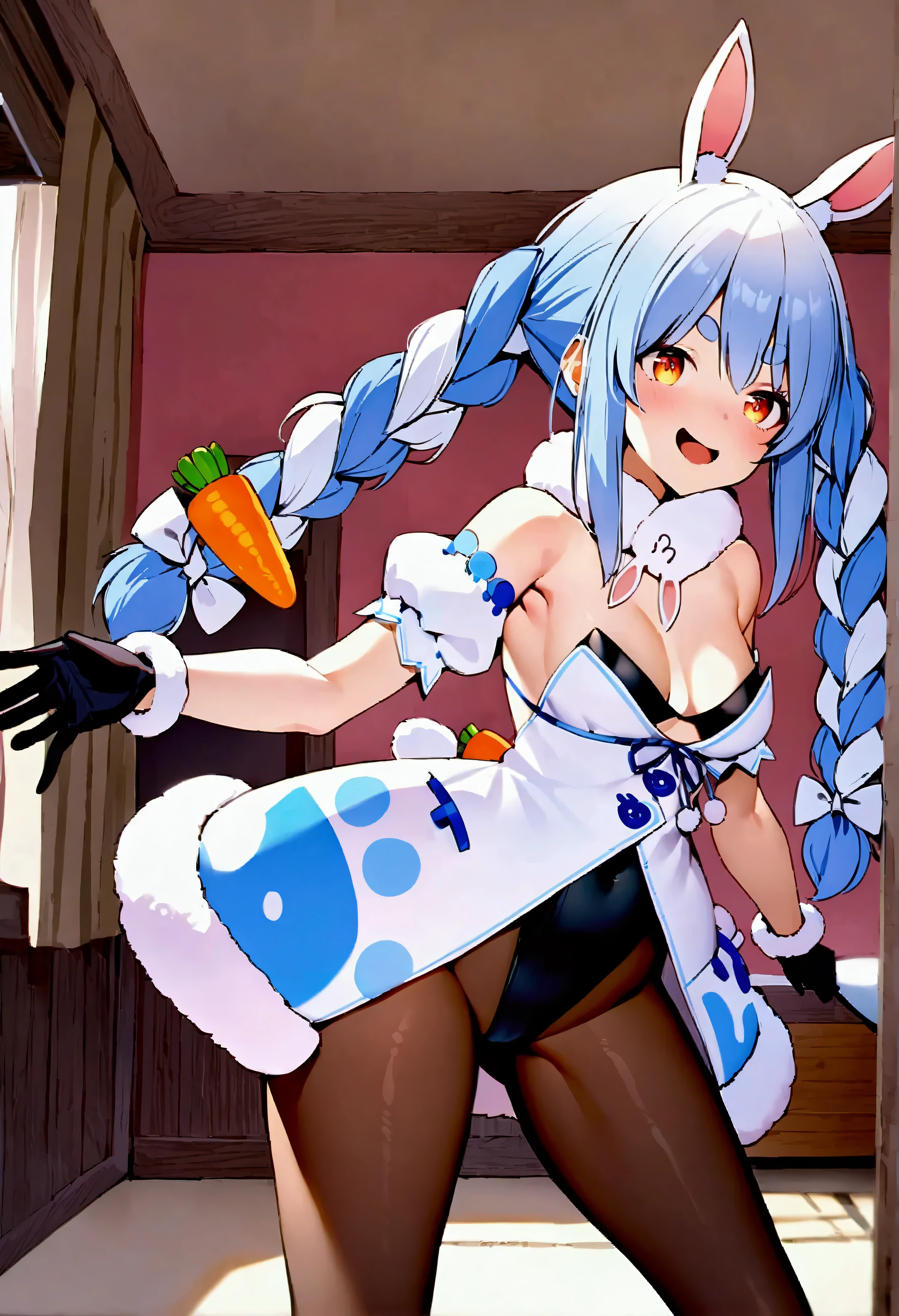 NSFW,masterpiece,Best Quality,High resolution,Very detailed,One girl,,Usada Pekora\(Ho****ve\),Orange eyes、Thick eyebrows、Bunny ears、Two-tone hair、Blue Hair、White Hair、Long Hair、Twin Blade、Hair accessories、Fur collar、White Dress、Fur-trimmed dress、Exposed shoulders、Black leotard、Strapless、Cleavage、Sleeveless、Puffy short sleeves、Black gloves、Black Pantyhose,Western-style room,Bedroom,Girl&#39;s Room,Pink Room,Suspicious Smile,Open your mouth,I-shape balance