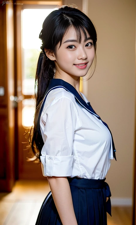 Pure Japanese school girl, no makeup, thick eyebrows, wearing uniforms, natural ponytail, pure smile, natural body, shiny white skin, refreshing in early summer morning sunlight, feeling soft breeze in hair, sitting and relaxing, lift up skirt, (panty), sweet temptation, sexual attractive, professional portrait photography, composition from the front, 
