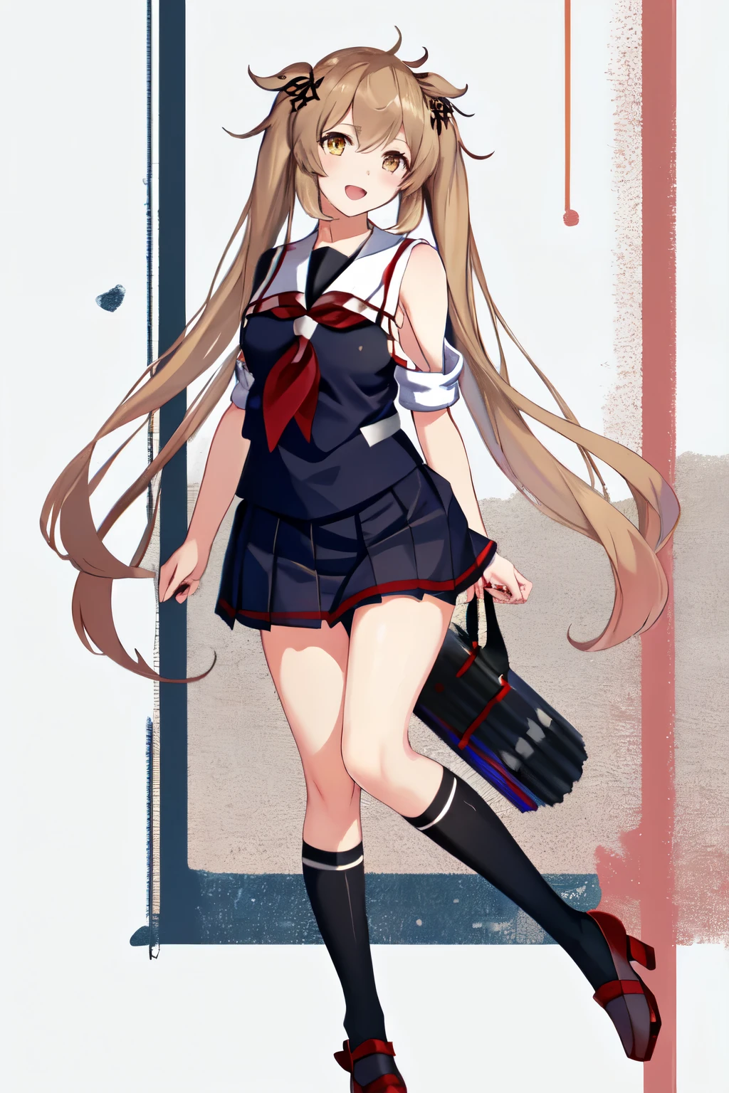 Best Quality, masterpiece, High resolution, Alone, (Murasame Kai Ni_Kantai Collection), 長いhair, ライトブラウンhair, (Yellow Eyes, Red Eye, Odd Eye) ribbon, smile, hair_ribbon, (Black Sailor Suit), (White sailor collar), chest, Twin tails, Two_side_up, hair_flap, hair_ornament, One girl, School uniform, neckerchief, open_mouth, 赤neckerchief, White background, Full body view,