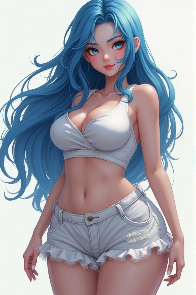 (best quality: 1.2), clean face, (masterpiece: 1.2, 8k) perfect anatomy, 1girl,a beautiful fashion model ,(masterpiece, official art, best quality ,long and shiny hair, blue hair with streaks in hair, long hair, full lips, slender body, slim body big breasts, looking at viewer, revealing outfit, absurdity, intricate details, dynamic pose, club, , wearing short shorts and a tight white top, cleavage, torn clothes, thong straps, sunglasses, celebrity 