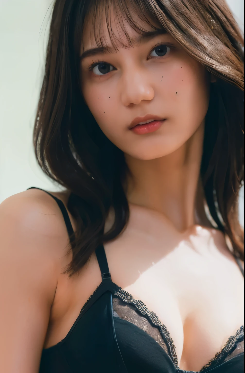 (best quality:1.4), (ultra highres:1.2), (photorealistic:1.4), 1girl, solo, long hair, brown hair, white smooth armpits, (black race bra:1.4),(ベッドの上:1.7)
