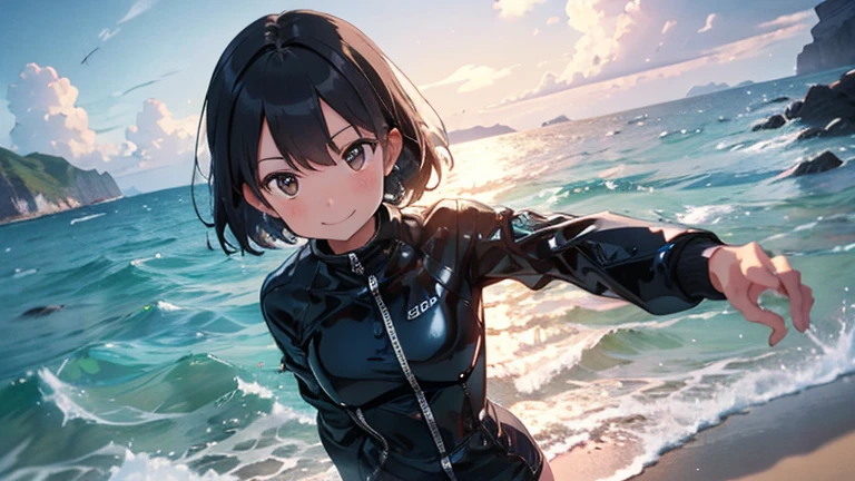 Woman with short black hair，Wearing a shiny dry suit, smile, diving on the beach, headphone, sea, Wave, noon,Fiery Sun, Lots of colorful bubbles，Lots of sparkling wine, A small universe in a bubble, Crystals in bubbles,plant，green，sunny, Cumulonimbus, sea辺で過ごす，masterpiece，4K