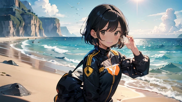 Woman with short black hair，Wearing a shiny dry suit, smile, diving on the beach, headphone, sea, Wave, noon,Fiery Sun, Lots of colorful bubbles，Lots of sparkling wine, A small universe in a bubble, Crystals in bubbles,plant，green，sunny, Cumulonimbus, sea辺で過ごす，masterpiece，4K