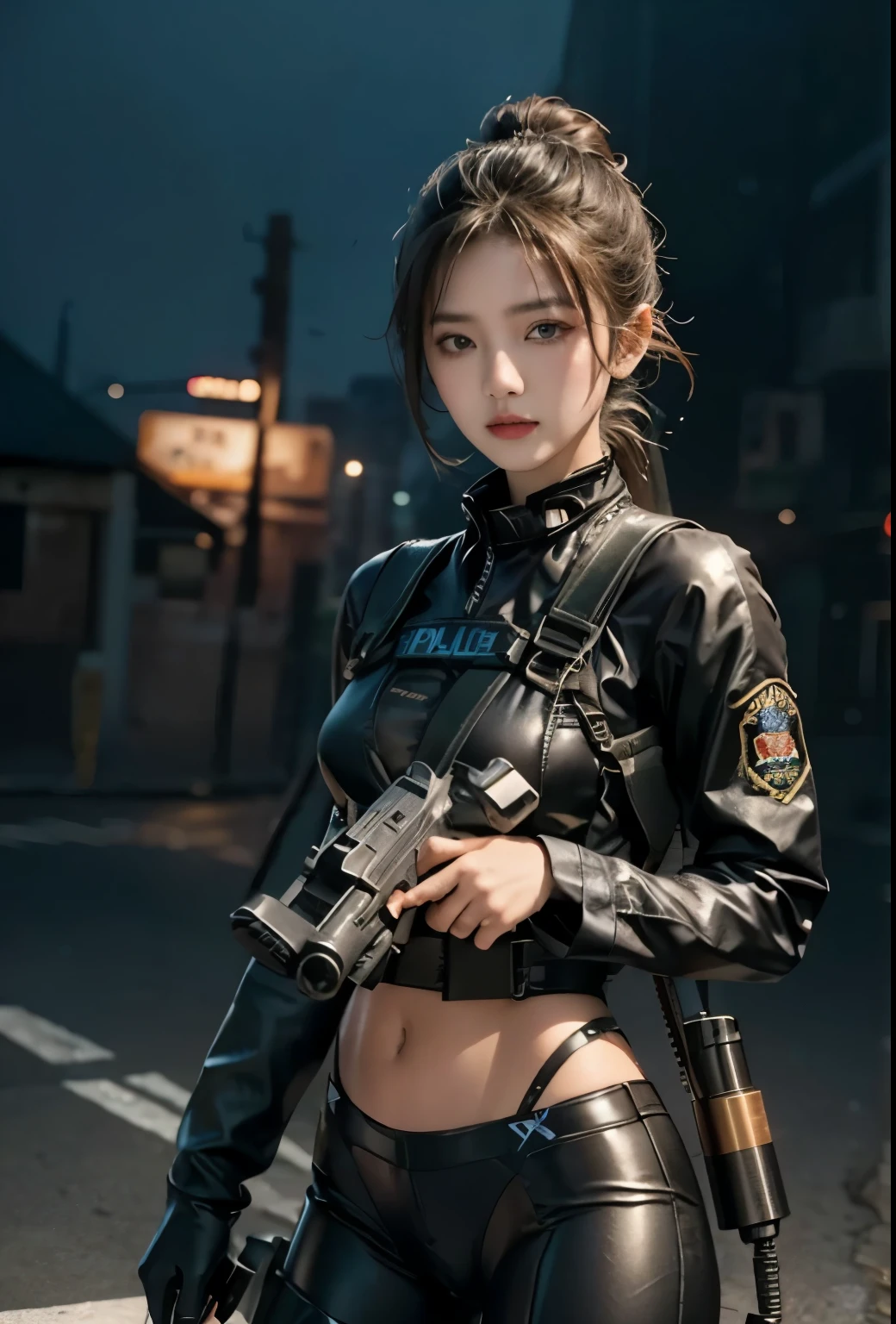 Highest image quality, outstanding details, ultra-high resolution, (realism: 1.4), the best illustration, favor details, highly condensed 1girl, with a delicate and beautiful face, ((cowboy shot)), (wearing black nylon racing suit likes police uniform, black and gray mecha, wearing a night-vision goggle, military harness, holding a machinegun or bring a machinegun, "SST"), simple background gey