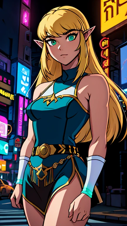 (Teens:1girl: princess zelda), (extremely detailed CG unit 8k wallpaper),(master part), (best quality), (ultra detail), (best illustration),(city-scene-aso), cowboy shot, (Sharp eyeliner, ombre, detailed eyes:1), dark, night, neon light, cyberpunk city, outdoor, ,break , (DcauGirls), upper body, (bangs, blonde hair, green eyes, long hair, pointy ears, medium breasts