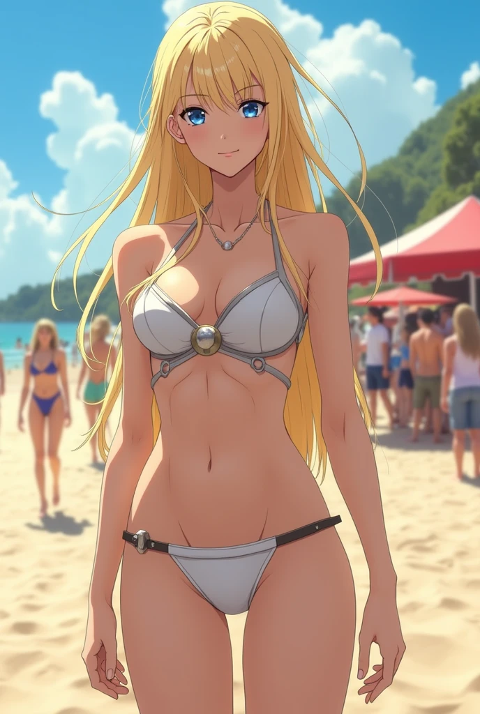 Flat chest, vest shadow, shallow depth of field, blush eye shadow, blonde hair, black skin, looking at camera, sand, black micro bikini, shy, shy, woman, dark elf, ridiculously long hair, blue sky, choker, blue eyes, detailed eyes, thin waist, long bangs, very long side hair, hands on the waist, super delicate, armpits, masterpiece, top quality, Amazing details: 1.25, Bright colorful painting, petite girl, wet, sheer, groin, (((from below, navel-focused, nsfw1.2)))