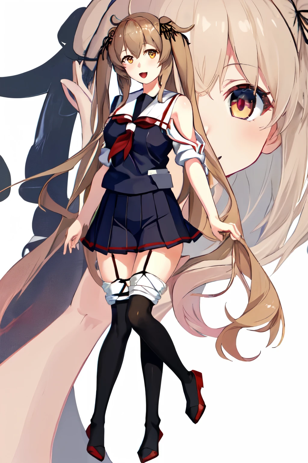 Best Quality, masterpiece, High resolution, Alone, (Murasame Kai Ni_Kantai Collection), 長いhair, ライトブラウンhair, (Yellow Eyes, Red Eye, Odd Eye) ribbon, smile, hair_ribbon, (Black Sailor Suit), (White sailor collar), chest, Twin tails, Two_side_up, hair_flap, hair_ornament, One girl, School uniform, neckerchief, open_mouth, 赤neckerchief, White background, Full body view,