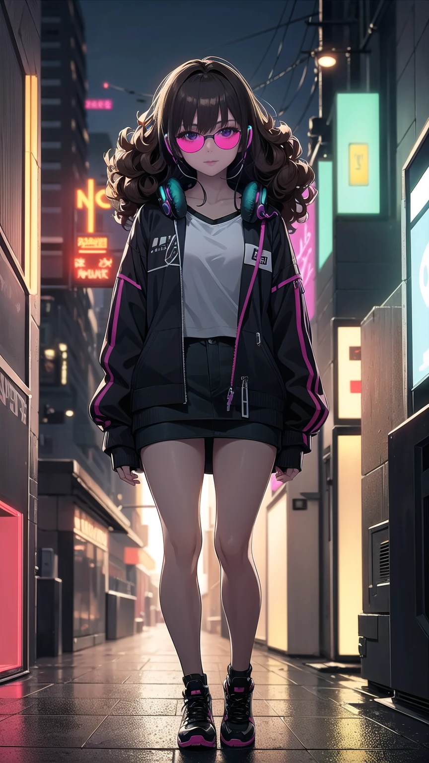 Brown hair . beautiful woman with curly hair and sunglasses wearing full size headphones - ear piece or surround dark room neon cyberpunk at night coordinator neon glow