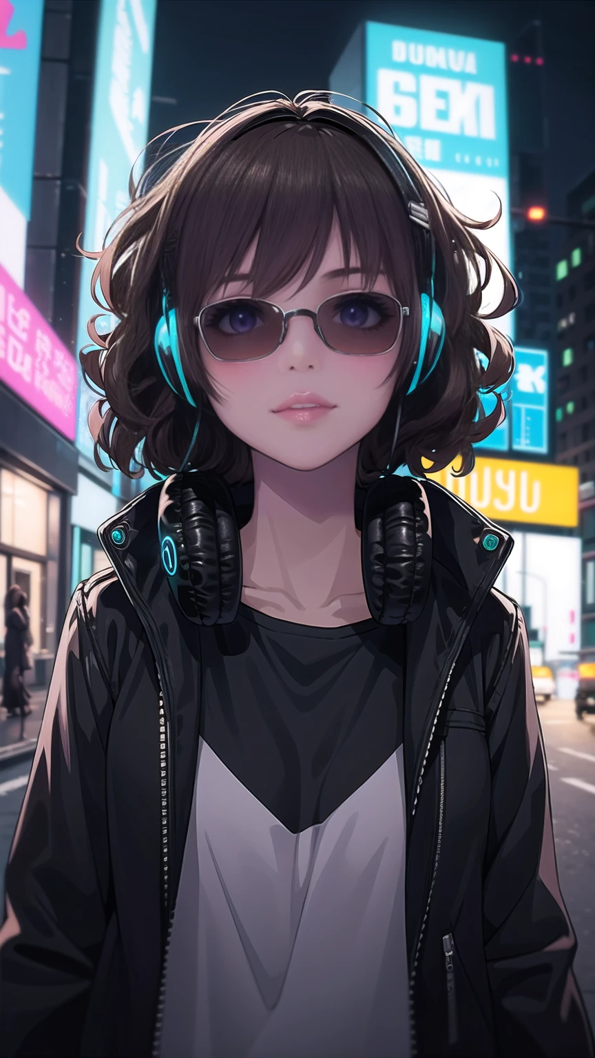 Brown hair . beautiful woman with curly hair and sunglasses wearing full size headphones - ear piece or surround dark room neon cyberpunk at night coordinator neon glow