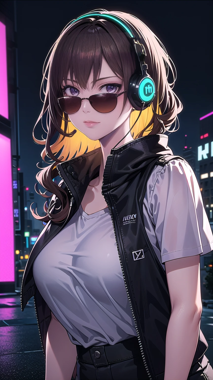 Brown hair . beautiful woman with curly hair and sunglasses wearing full size headphones - ear piece or surround dark room neon cyberpunk at night coordinator neon glow