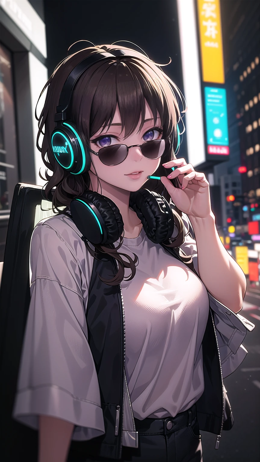 Brown hair . beautiful woman with curly hair and sunglasses wearing full size headphones - ear piece or surround dark room neon cyberpunk at night coordinator neon glow