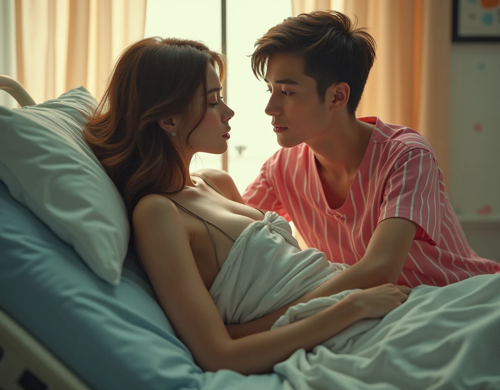 Can you create a picture of a boy and a girl in their early 20s on a bed in a dark room the only light is the one from outside flowing in through the windows. The girl is sitting the boy while they kiss. Her hand is around his neck and in between her fingers is a blunt and her other hand hangs loosely by her holding a lighter. His hand are holding her waist. She is dressed in a shirt and short while he is shirtless and wearing sweatpants. There is green and blue led lights in the room.