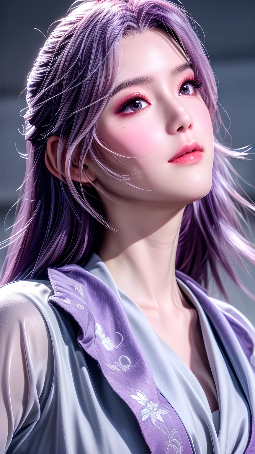 (Uhigh resolution, Retina, masterpiece, precise, Anatomically correct, Skin texture, Super Detail, Attention to detail, high quality, 最high quality, high resolution, 1080P, high resolution, 4K, 8K, 16K), (美しいAttention to detail目, Exquisite lip details, Very detailed eyes and face), Soft lighting, Physically Based Rendering, Vibrant colors, (((Medium breasts))), (Floral Hanfu suit), (whole bodyショット,Bob Cooter, Shocking purple-pink hair, Shiny hair, Radiant Skin, blush), (Wide Angle), Eye Reflection, (front:1.2),(whole body,Shiny thighs)，There is a plum blossom mark under the eye。