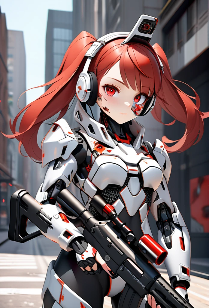 Ultra-high resolution 3D digital art, One Girl, Robot Girl, Redhead, Twin tails, Red eyes, White and grey urban camouflage robot armor, Wearing flashy robot armor, (Holding a long-range rifle painted in urban camouflage in both hands.:1.3), On his head he wears a robot-like barrette and headset., One eye appears red、ー, Half the skin on his face is peeling off, Cyborg&#39;s base is visible., His face is covered with scars,Ultra-Realistic Skins、Highly detailed and textured robot armor、Realistic exposure mechanics、The exact shape and detailed depiction of the rifle、Detailed depiction of dirt and scratches on the robot&#39;s armor、A large amount of smoke and dust rises in the background..、Bust Shot、(Dynamic pose aiming at an enemy on top of a building:1.4 )、 (Ruined city background:1.3)、(Ultra HD、Masterpiece、Best Quality、4K.8k:1.5).Ultra Detail、Shooting from an angle,High quality 3D rendering、 Very detailed,  Intricate details, Cinema Lighting, Dramatic colors, Concept Art Style、Professional Photo Resolution、Award-winning、