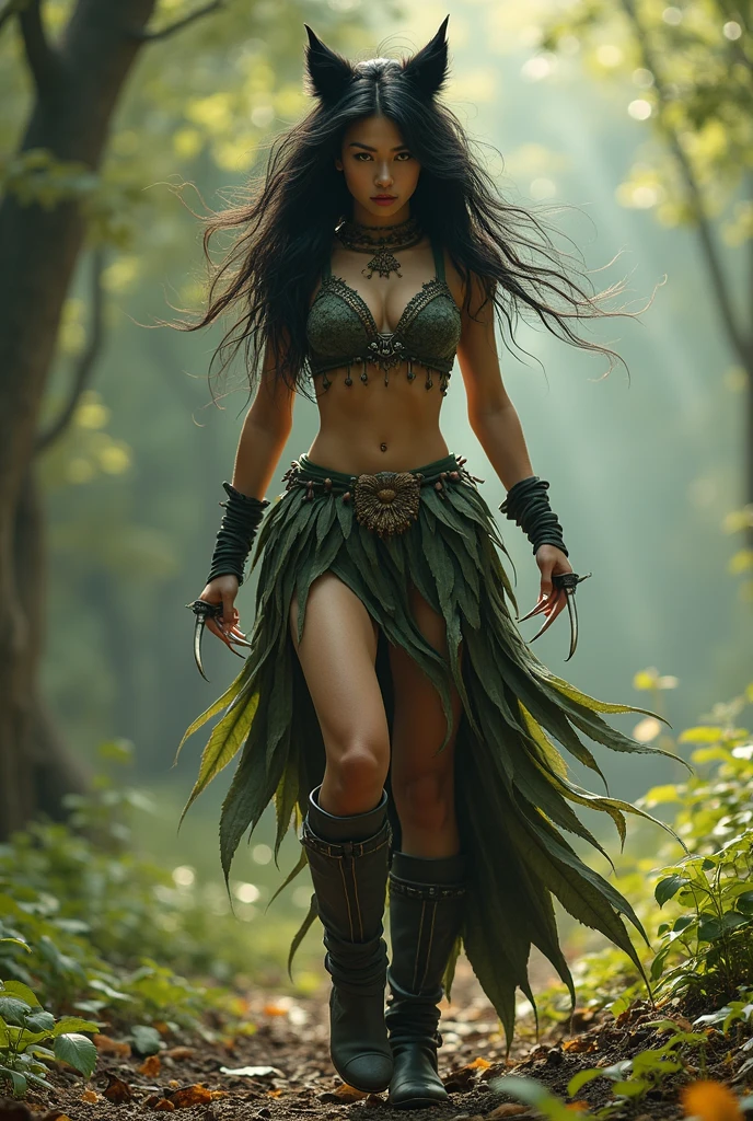 Deep Forest green and silver color theme, Sexy German Forest goddess, long lustrous chocolatey hair, (very wavy hair, very long hair, windblown hair), deep green eyes, sparking dangerous eyes, sharp jawline, thin but hard mouth, (((broad shoulders, (((((massive breasts))))), tight waist, thicc butt and thighs))), (Forest Green blouse, long flowing brown skirt trimmed with emerald and silver, tight silver belt, Forest Green high heels with silver adornments, brown lace stockings with green root patten designs, thin silver jewelry around her neck and wrists, tree branch inspired crown), silver metal gauntlets with Green root art on them, ((wielding a pair of metallic brown chakrams studded with emeralds )), powerful goddess, standing before her throne of living trees in a deep forest, powerful and sexy standing pose, goddess’s throne room in a remote forest, very intricate and detailed background scene, highly detailed, goddess, powerful, sexy, real, incredibly realistic and hyper detailed fantasy art of a mythical goddess, close-up
