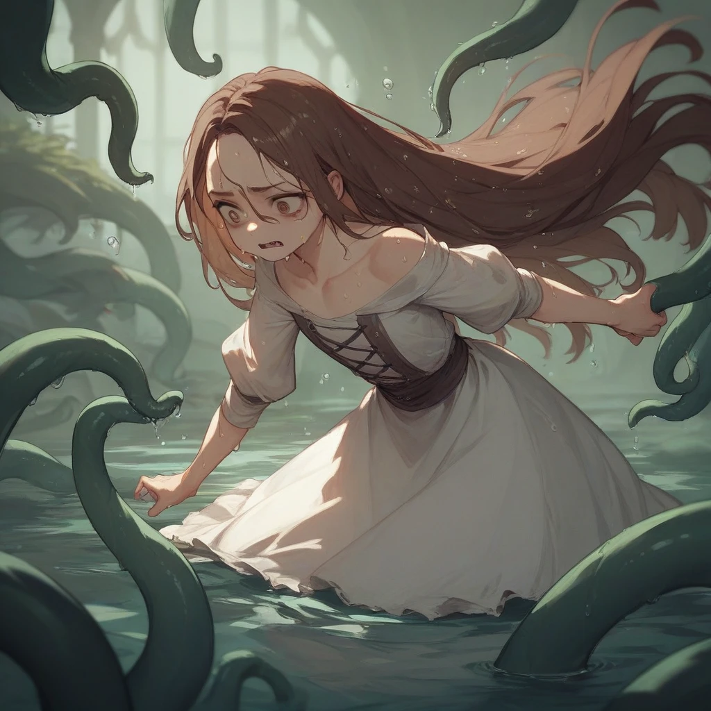 Partly underwater,最high quality,high quality,,Long Hair,Brown Hair,Wet Hair,Flat chest,Dark underground labyrinth,No light,Medieval Long Dress,Painful face,Tentacles in the skirt,Being dragged into the water,Rampage,