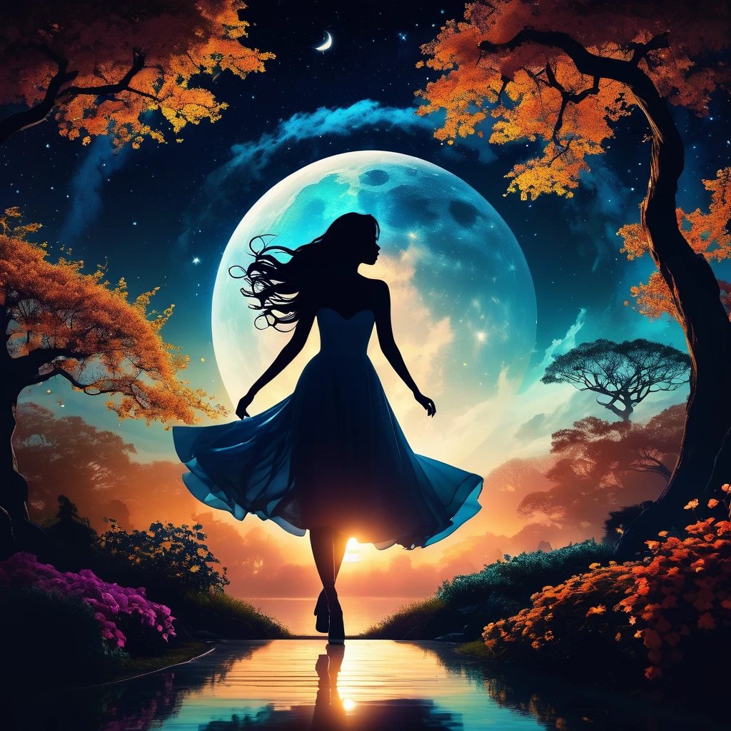 Silhouette Art，Girl silhouette texture clear，Graceful gesture，Soft curves，dance，Flowing Hair，moon，Dazzling Star。(Psychedelic style background)，Mysterious，twist，Whimsical，(Charming gardens)，Mysterious atmosphere，romantic。Delicate lines，Delicate texture，Contrasting shapes，Artwork，Surreal，Dramatic lighting，Hidden meaning，Grace，Depth of emotion，Evoke a sense of mystery and wonder，Thought-provoking and memorable，Otherworldly，change，moving，poetry，A unique visual story。The best quality at its best,4K,8K,High resolution,masterpiece:1.2,Super detailed,Actual:1.37