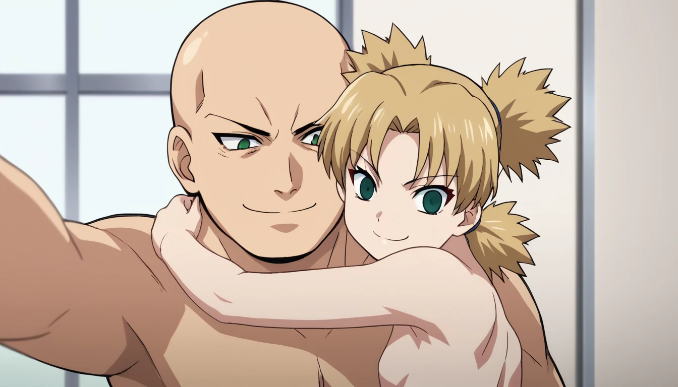 BREAK, source_anime,
1 young girl, smaller_girl, naked, beautiful legs, beautiful body, naked, konohagakure background, smile, temari, blonde hair, quad tails, green eyes, BREAK 1boy, white skin, netorare, taking a selfie, hug, taller male, bigger male, adult male, bald male, bald boy. white background, anime screencap, anime coloring