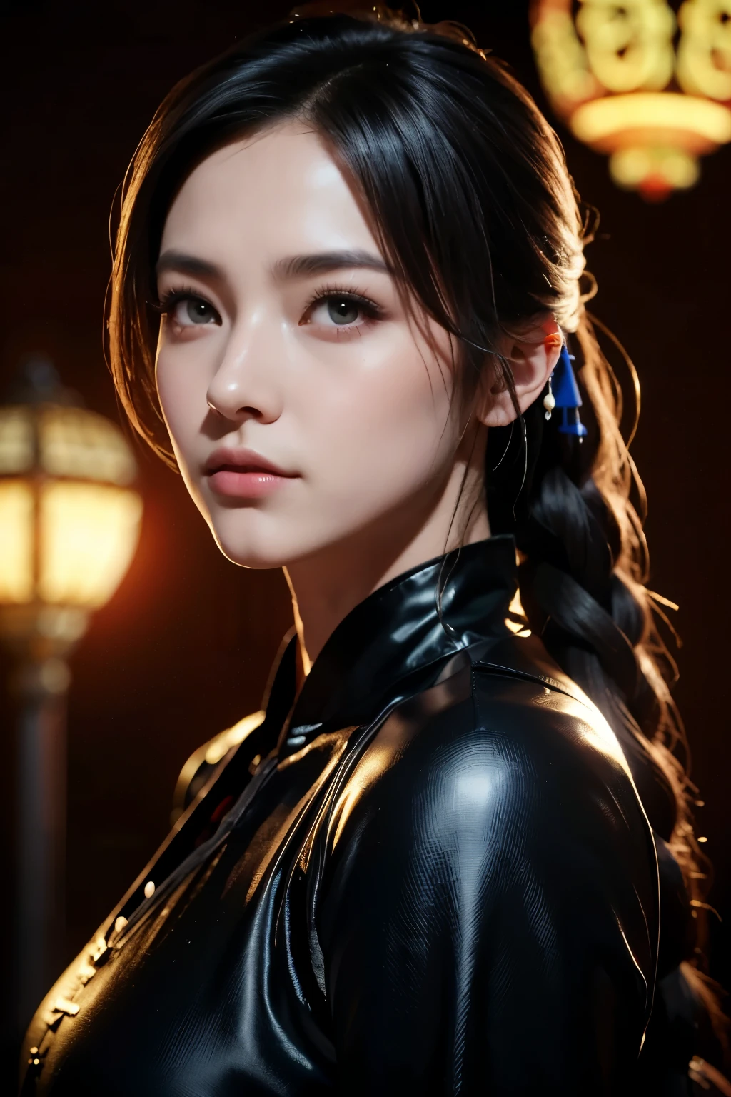 Masterpiece,The best qualities,Very high resolution,8k,((Portrait)),((Head close-up)),Original photo,real photo,Digital photography, (Female assassins in ancient China),(Girl in tights),Girl,(Facial features rich in detail),Beautiful pupils,(Long black hair),Elegant and noble,(Calm),Brave,(Real Silk Clothes,Silk clothes,Silk,Black silk onesie,Black silk bodysuit,Black silk cloth,See-through clothing),Female assassins,killer,Modern Characters,Modern style, Photo poses,Night city background,Movie lights,Ray tracing,Game CG,((3D Unreal Engine)),oc rendering reflection texture