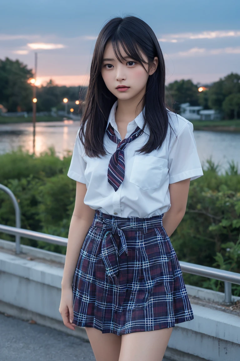 Lakeside park with sunlight shining through the trees, (school uniform, shirt, skirt),  japanese girl, , skinny body, flat chest, extremely cute face, extremely ultra detailed face, extremely ultra real skin, extremely ultra detailed eyes, extremely ultra surrealism, (masterpiece, best quality:1.2), octane rendering, (8k, uhd, ultra high res), (super realistic details), extremely intricate detail, super real texture, professional lighting, (realistic), (RAW photo:1.2), (photorealistic:1.5)