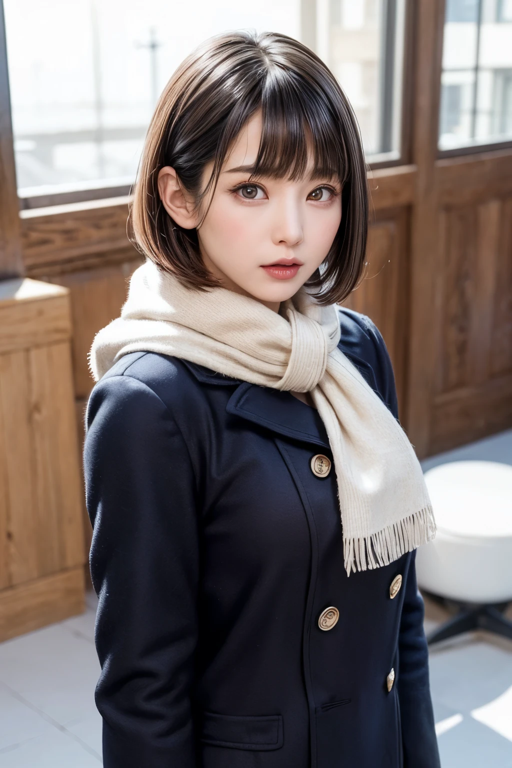 (masterpiece, Highest quality),One Girl, solo, Black-haired, scarf, hat, Realistic, Realistic, Looking at the audience, Light-coloured black eyes, short hair, Brown coat, Winter clothes, White headscarf, Lips, Bans, Plein Air, Mouth closed, Upper body、Big eyes、Eyelashes、((Beautiful scenery of sparkling snow))、(((前髪ありshort hair、Big eyes、Big ample breasts、{gigantic|big|huge|mega} breasts, cleavage、Staring at the audience、Beautiful beauty、Listen carefully、Long neck、Smile a little、Please close your mouth and laugh)))、tall、A beautiful woman with a dignified charm、Innocent smile