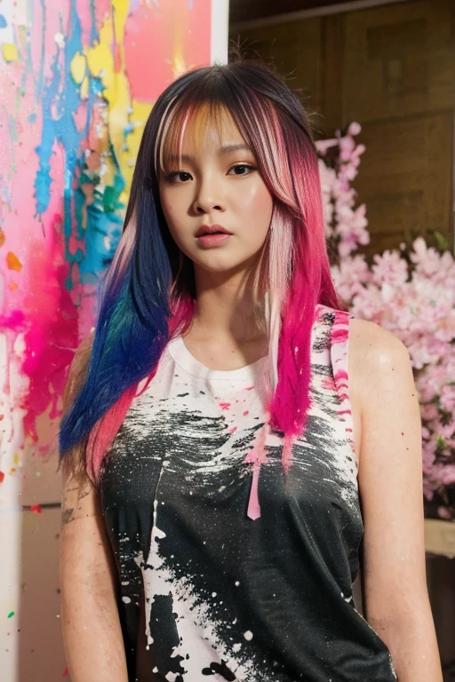 （tmasterpiece、best qualtiy、A high resolution），white backgrounid，（（paint splatter，splash of color，Splash ink、Color splattering）），，Sweet Chinese girl，Rainbow hair，Pink lips，frontage，The upper part of the body，8K,Ultra-clear image quality