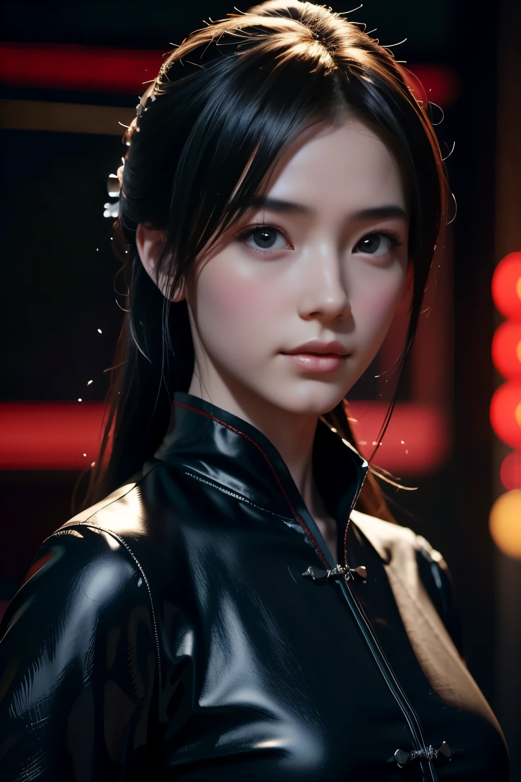 Masterpiece,The best qualities,Very high resolution,8k,((Portrait)),((Head close-up)),Original photo,real photo,Digital photography, (Female assassins in ancient China),(Girl in tights),Girl,(Facial features rich in detail),Beautiful pupils,(Long black hair),Elegant and noble,(Calm),Brave,(Black silk onesie,Black silk bodysuit,Black silk cloth),Female assassins,killer,Ancient Chinese Figures,Fantasy style, Photo poses,City background at night,Movie lights,Ray tracing,Game CG,((3D Unreal Engine)),oc rendering reflective texture