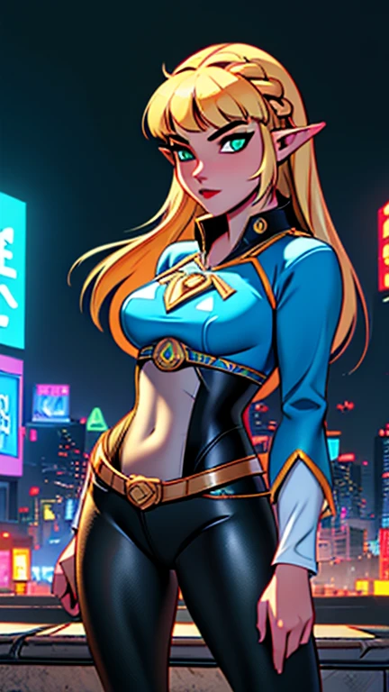 (Teens:1girl: princess zelda), (extremely detailed CG unit 8k wallpaper),(master part), (best quality), (ultra detail), (best illustration),(city-scene-aso), cowboy shot, (Sharp eyeliner, ombre, detailed eyes:1), dark, night, neon light, cyberpunk city, outdoor, ,break , (timmstyle), upper body, (bangs, blonde hair, green eyes, long hair, pointy ears, medium breasts, superhero uniform 