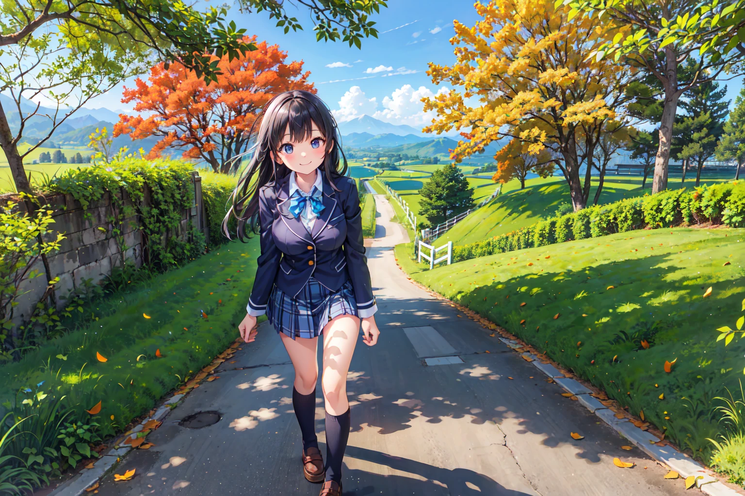 (((Masterpiece, 16k, Highest quality, Ultra-high resolution, Depth of subject))), ((Very detailed, Japanese countryside scenery, autumn leaves)), (((High school girl in blazer uniform, friend, 3 people, skirt, Big Breasts, Very beautiful and detailed girl, Accurate body structure, Accurate body movements, Very detailedボディ))), While chatting, Very cute smile, On the way home, 3pm, Peaceful scenery, Warm sunshine, Very accurate perspective, Super Wide View